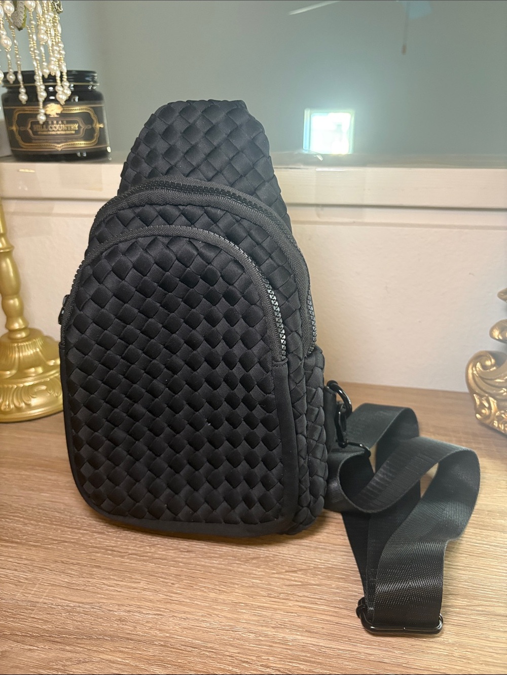 Neoprene Woven Black Crossbody Sling Bag for Women